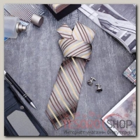 Набор мужской Стиль галстук 145x5см, запонки, полоски, цвет серо-коричневый - бижутерия