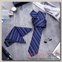 Набор мужской Элит галстук 145x5см, платок, запонки, полоски, цвет сине-серебристый - бижутерия