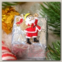 Брошь новогодняя Рождественская сказка Санта Клаус с подарками, цвет красно-белый в золоте