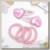 Набор для волос Пумпушка (2 невидимки, 3 резинки) сердечки бантики, розовый - бижутерия