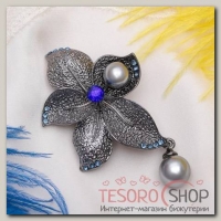 Брошь "Цветок" орхидея с жемчугом, цвет серо-синий в черненом серебре