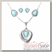 Набор 2 предмета: серьги, колье Бирюзовый мир сердце, цвет голубой в серебре - бижутерия